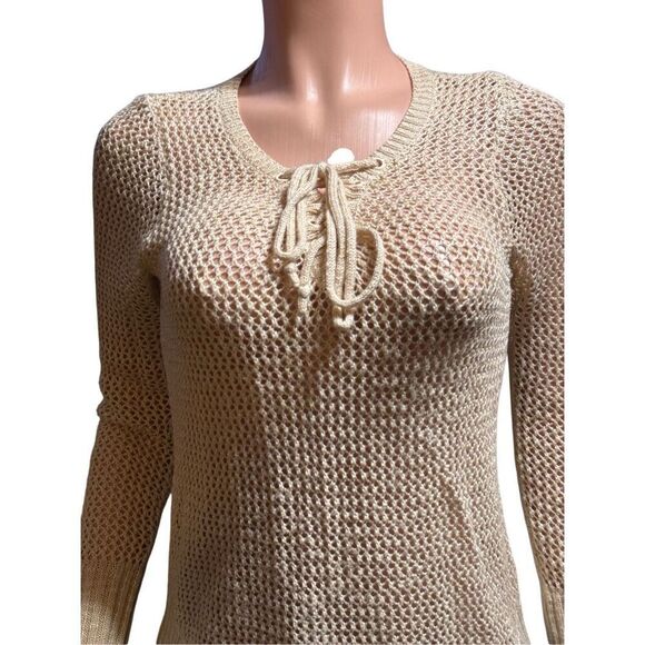 Ohmg crochet tan tie front crochet  pullover top S - Picture 3 of 7